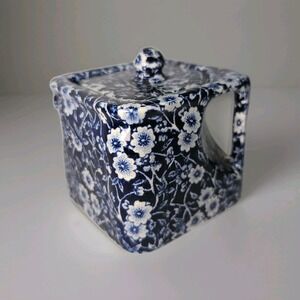 RARE Art Deco Burleigh Staffordshire England Cube Teapot Calico Blue Floral 1950